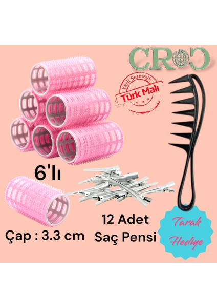 1202 Pembe Cırtlı Bigudi 6lı Çap 3,3cm +12LI Alüminyum Saç Pensi