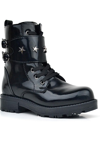 Siyah Rugan Bağcıklı Fermuarlı Yıldız Detaylı Kız Çocuk Bot