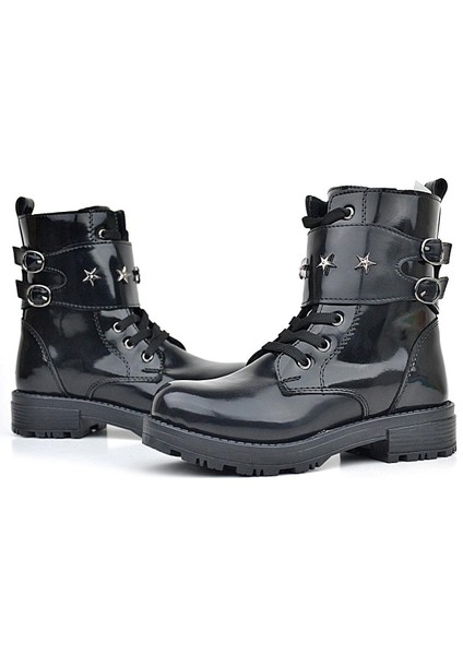 Siyah Rugan Bağcıklı Fermuarlı Yıldız Detaylı Kız Çocuk Bot indirimleri