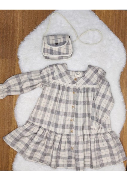 Kız Çocuk Keten Elbise Çanta Hediyeli 2'li Takım