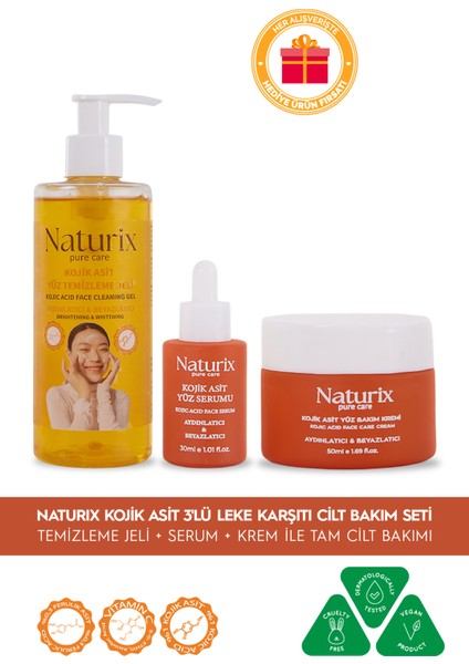 Kojik Asitli 3'lü Leke Karşıtı Bakım Seti | Yüz Temizleme Jeli 250 ml + Serum 30 ml + Krem 50 Ml