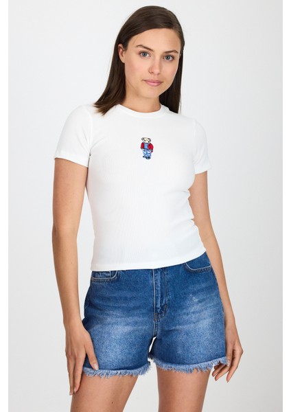 Beyaz Ayıcık Nakış Işlemeli Crop Tişört 9203M fiyatları