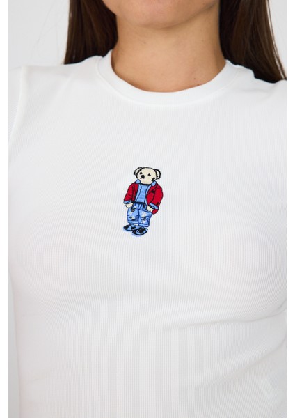 Beyaz Ayıcık Nakış Işlemeli Crop Tişört 9203M fırsatları