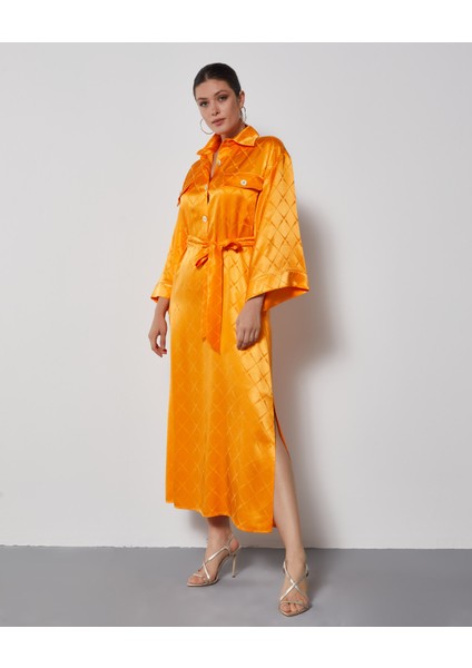 Kadın Midi Elbise - Gold Düğme Detaylı - Kemerli - Zarif ve Şık - Günlük ve Özel Gün Için Elbise