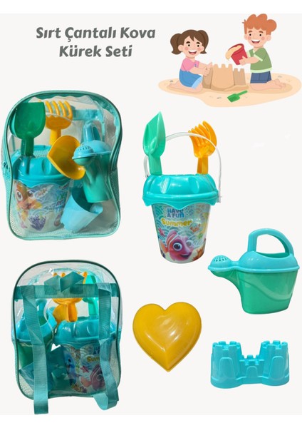Sırt Çantalı 8 Parça Plaj Deniz Kum Kovası Kova Kürek Tırmık Suluk Seti