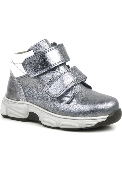 Hakiki Deri Platin Gri Cırtlı Kürklü Kız Çocuk Spor Bot