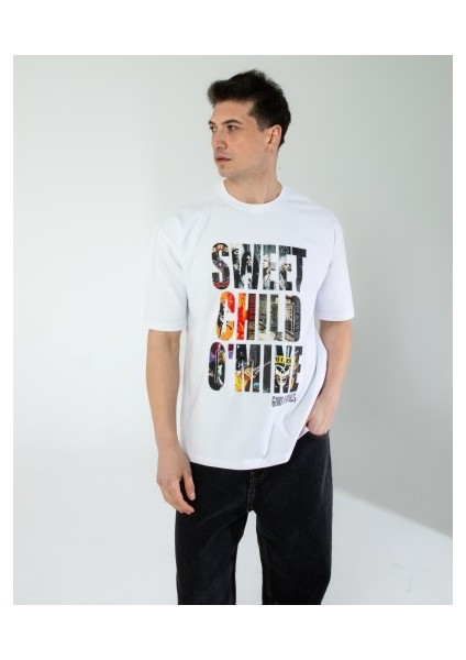 Oversıze Unisex Baskılı T-Shırt Gusnroses Whıte