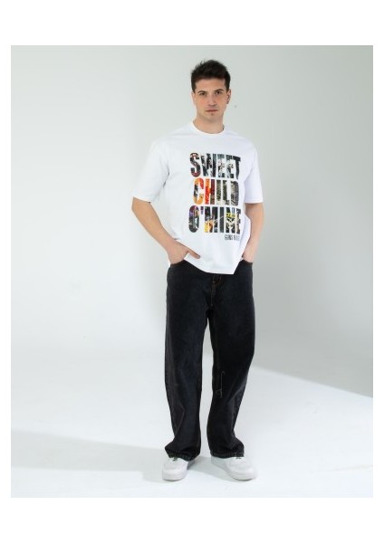 Oversıze Unisex Baskılı T-Shırt Gusnroses Whıte fiyatları