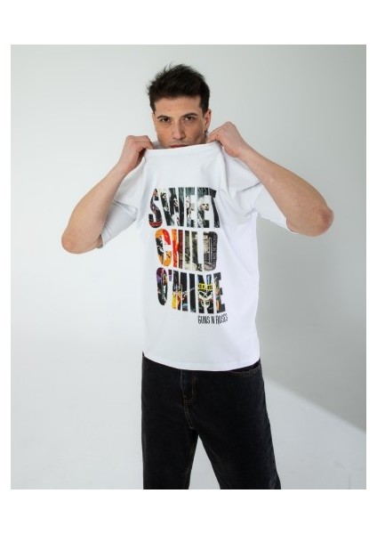 Oversıze Unisex Baskılı T-Shırt Gusnroses Whıte modelleri