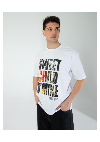 Oversıze Unisex Baskılı T-Shırt Gusnroses Whıte indirimleri