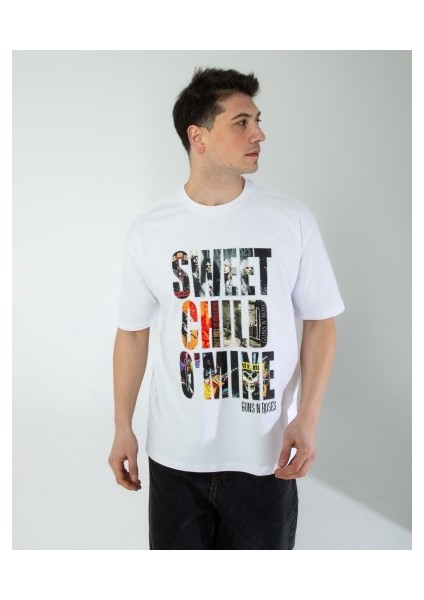 Oversıze Unisex Baskılı T-Shırt Gusnroses Whıte