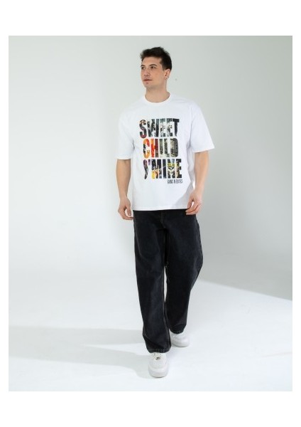 Oversıze Unisex Baskılı T-Shırt Gusnroses Whıte