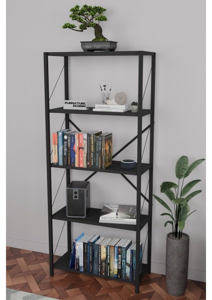Metal Kitaplık 5 Raflı Dekoratif Kitaplık 150 cm - Siyah