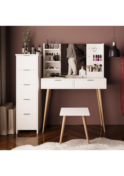 U4050 Bella Makyaj Masası Seti 5+2 Çekmeceli Dolaplı Tabureli Beyaz
