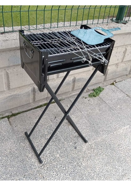 Emaye Katlanır Piknik Mangal Ayaklı 6 Şiş Hediyeli