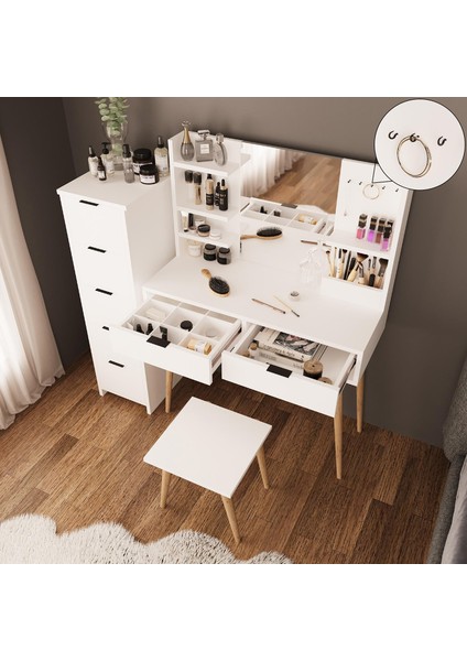 U4050 Bella Makyaj Masası Seti 5+2 Çekmeceli Dolaplı Tabureli Beyaz fırsatları
