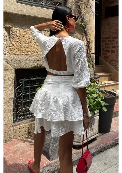 Sırtı Dekolte Detaylı Kat Kat Etekli ve Crop Bluz Kadın Keten Takım ( 2 Parça ) Beyaz modelleri