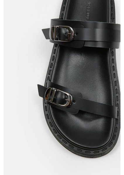 Halsey Siyah Hakiki Deri Kadın Terlik modelleri