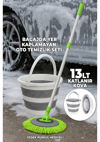 Çizmez Oto Mop ve 13 Lt Katlanır Kova - Bagajda Yer Kaplamaz - Oto Fırçası - Araba Yıkama Mopu