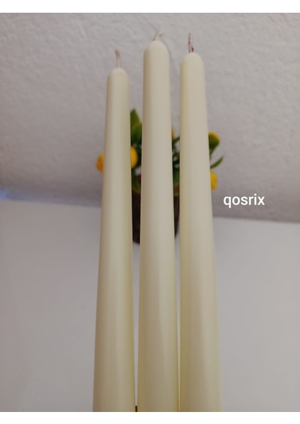 3'lü Açık Krem Şamdan Soya Mumu Soya Doğal Pudra Kokulu Uzun Çubuk Konik Mum Dekoratif