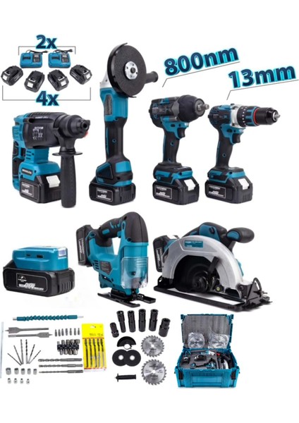 7li Yedili Matkap Seti 800 Tork Somun Sıkma HILTI+SPIRAL+13MM Çelik Mandren+Dekupaj+Sunta Kesme+Powerbank Led) 4x Batarya