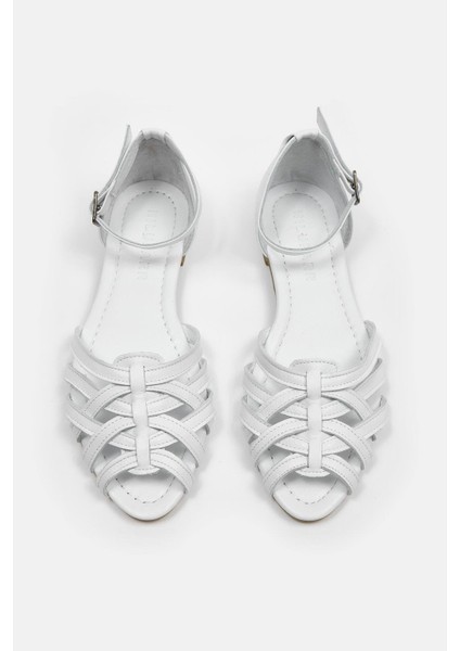 Leila Beyaz Hakiki Deri Kadın Sandalet