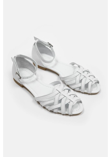 Leila Beyaz Hakiki Deri Kadın Sandalet indirimleri