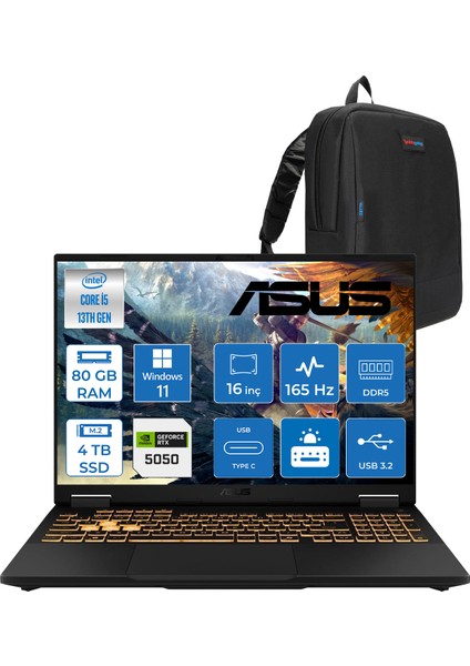 Tuf Gaming F16 FX608JH 13.nesil Intel İ5-13450HX 80GB Ddr5 4tb SSD 8GB/RTX5050 115W 165Hz 16"wuxga Fhd+ 300NITS IPS WIN11PRO Gaming Bilg. WRV082P25+ZETTAÇANTA