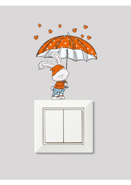 Turuncu Şemsiyeli Kalpten Yağmurlu Sevimli Tavşan Çocuk Odası Priz Sticker 12 x 17 cm