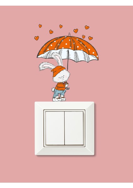 Turuncu Şemsiyeli Kalpten Yağmurlu Sevimli Tavşan Çocuk Odası Priz Sticker 12 x 17 cm fiyatları