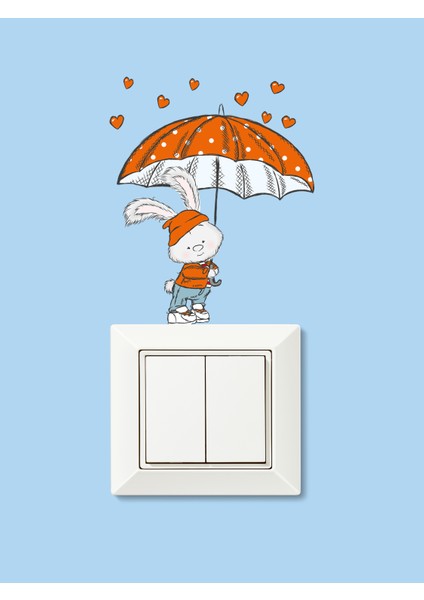 Turuncu Şemsiyeli Kalpten Yağmurlu Sevimli Tavşan Çocuk Odası Priz Sticker 12 x 17 cm modelleri