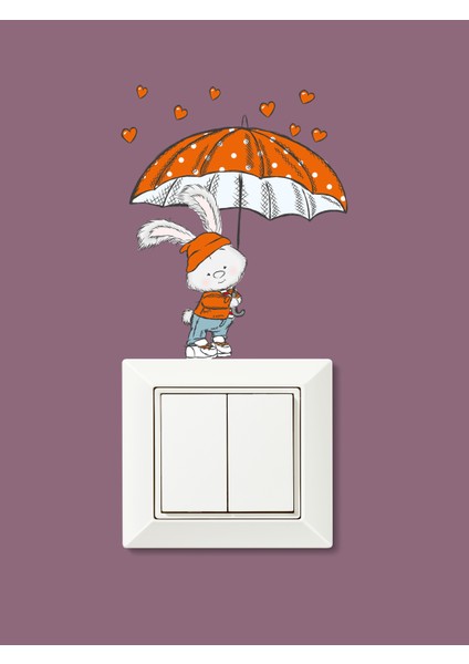 Turuncu Şemsiyeli Kalpten Yağmurlu Sevimli Tavşan Çocuk Odası Priz Sticker 12 x 17 cm fırsatları