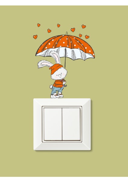 Turuncu Şemsiyeli Kalpten Yağmurlu Sevimli Tavşan Çocuk Odası Priz Sticker 12 x 17 cm indirimleri
