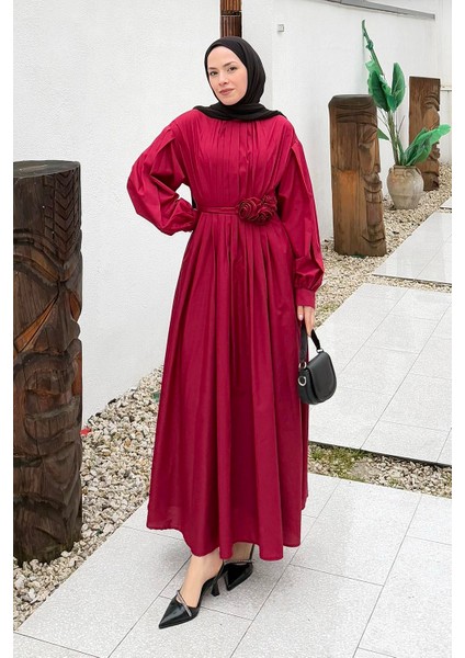 Pileli Poplin Elbise Bordo