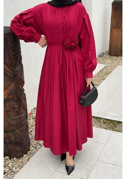 Pileli Poplin Elbise Bordo modelleri