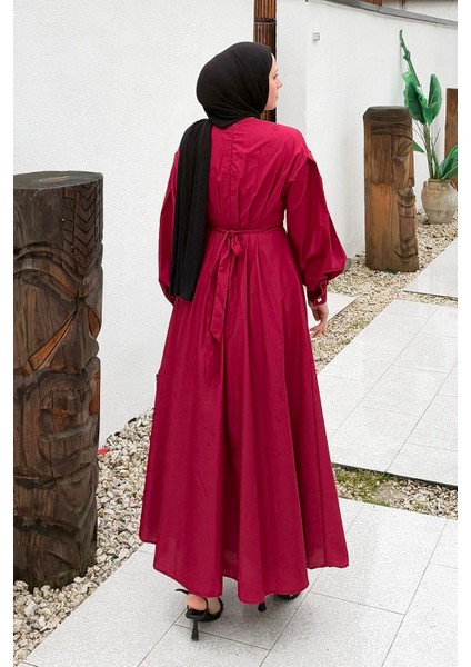 Pileli Poplin Elbise Bordo fırsatları