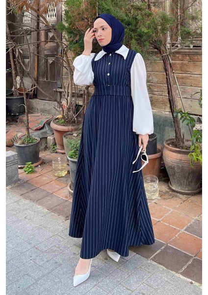 Çizgi Detaylı Garnili Elbise Lacivert