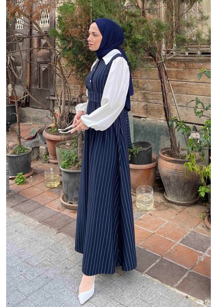 Çizgi Detaylı Garnili Elbise Lacivert fiyatları