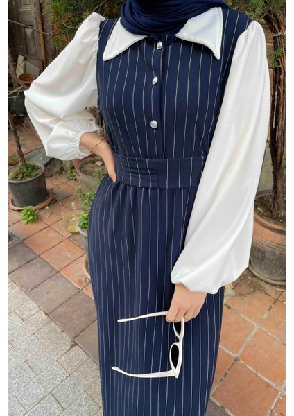 Çizgi Detaylı Garnili Elbise Lacivert fırsatları