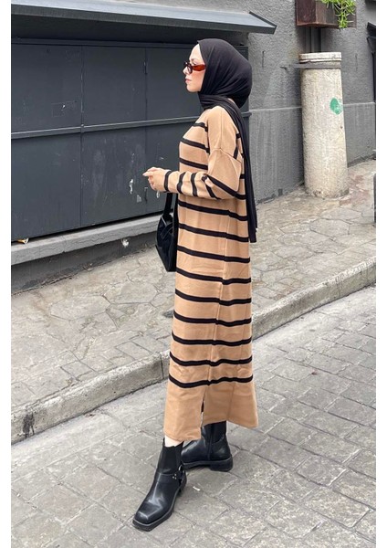 Çizgi Detaylı Triko Elbise Siyah Kahverengi