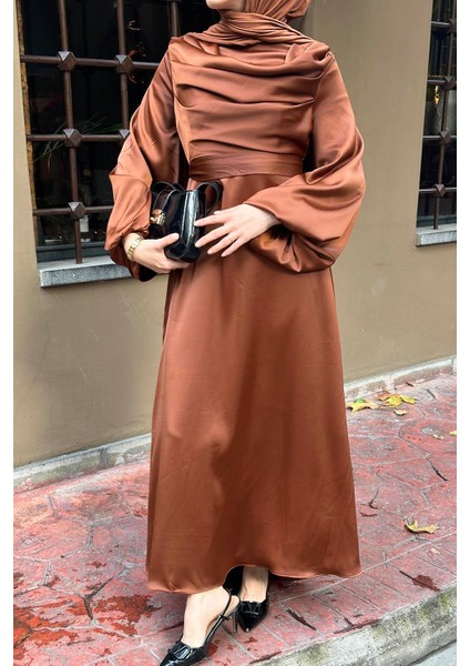 Ön Drapeli Saten Elbise Kahverengi modelleri