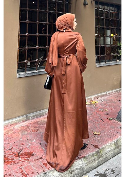 Ön Drapeli Saten Elbise Kahverengi fırsatları