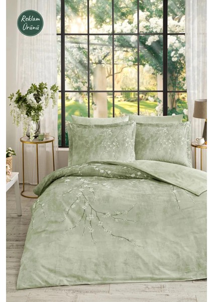 Yeşil White Sakura Çift Kişilik Lastikli Çarşaf Nevresim Takımı