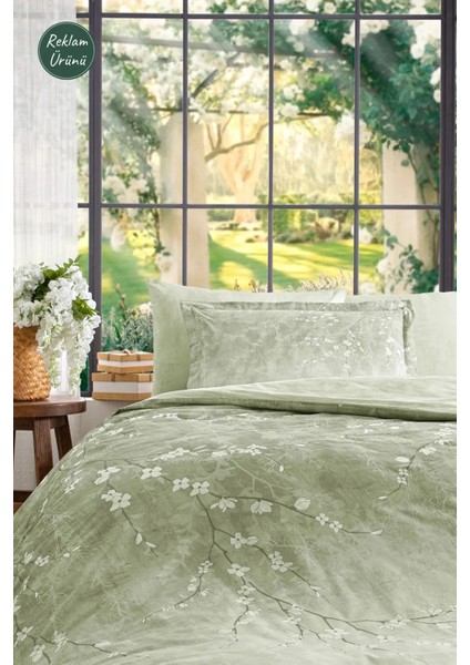 Yeşil White Sakura Çift Kişilik Lastikli Çarşaf Nevresim Takımı modelleri