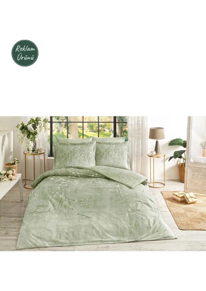 Yeşil White Sakura Çift Kişilik Lastikli Çarşaf Nevresim Takımı fırsatları