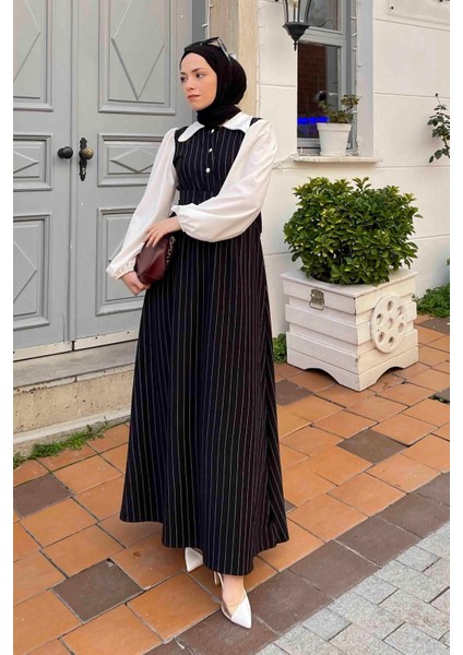 Çizgi Detaylı Garnili Elbise Siyah