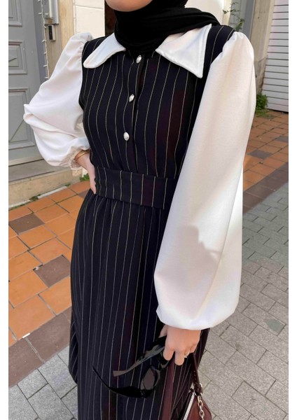 Çizgi Detaylı Garnili Elbise Siyah fırsatları