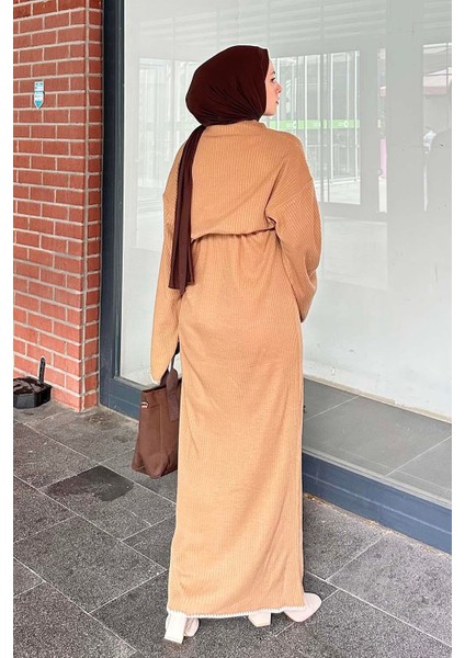 Kol-Etek Ucu Nakışlı Triko Elbise Sütlü Kahve modelleri