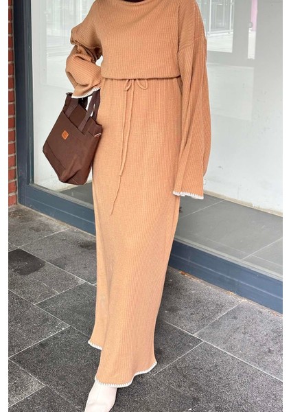 Kol-Etek Ucu Nakışlı Triko Elbise Sütlü Kahve fırsatları