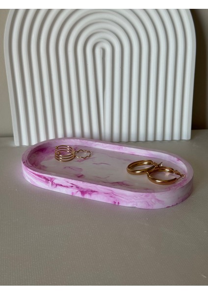 El Yapımı Pembe Mermer Desenli Oval Takı & Sunum Tabağı